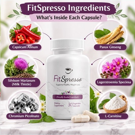 FitSpresso ingredients: Capsicum Annuum, Panax Ginseng, Milk Thistle, Banaba Leaf, Chromium Picolinate and L-Carnitine