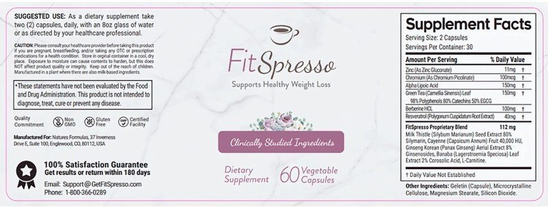 FitSpresso supplement facts label showing serving size and ingredients